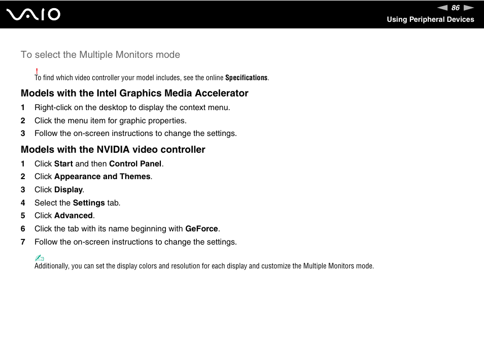 Models with the intel graphics media accelerator, Models with the nvidia video controller | Sony VGN-FS800 User Manual | Page 86 / 175