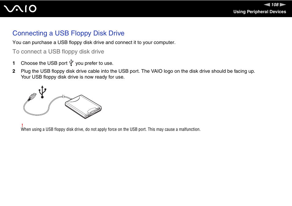 Connecting a usb floppy disk drive | Sony VGN-BX500 User Manual | Page 108 / 217