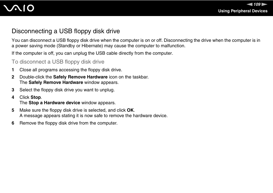 Disconnecting a usb floppy disk drive | Sony VGN-BX500 User Manual | Page 109 / 217