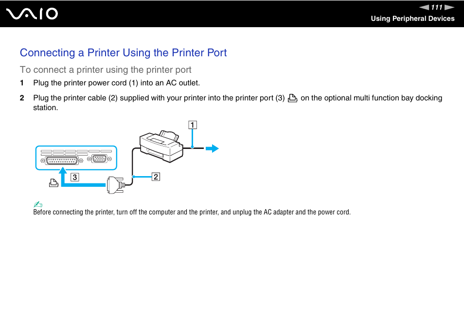 Connecting a printer using the printer port | Sony VGN-BX500 User Manual | Page 111 / 217
