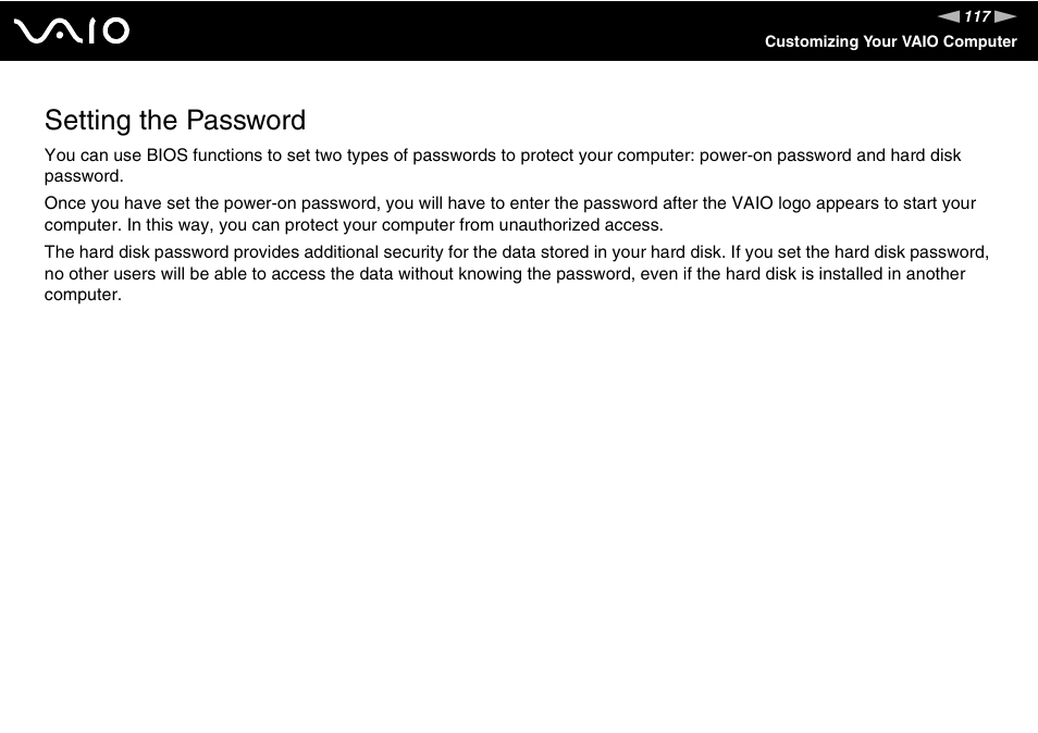 Setting the password | Sony VGN-BX500 User Manual | Page 117 / 217