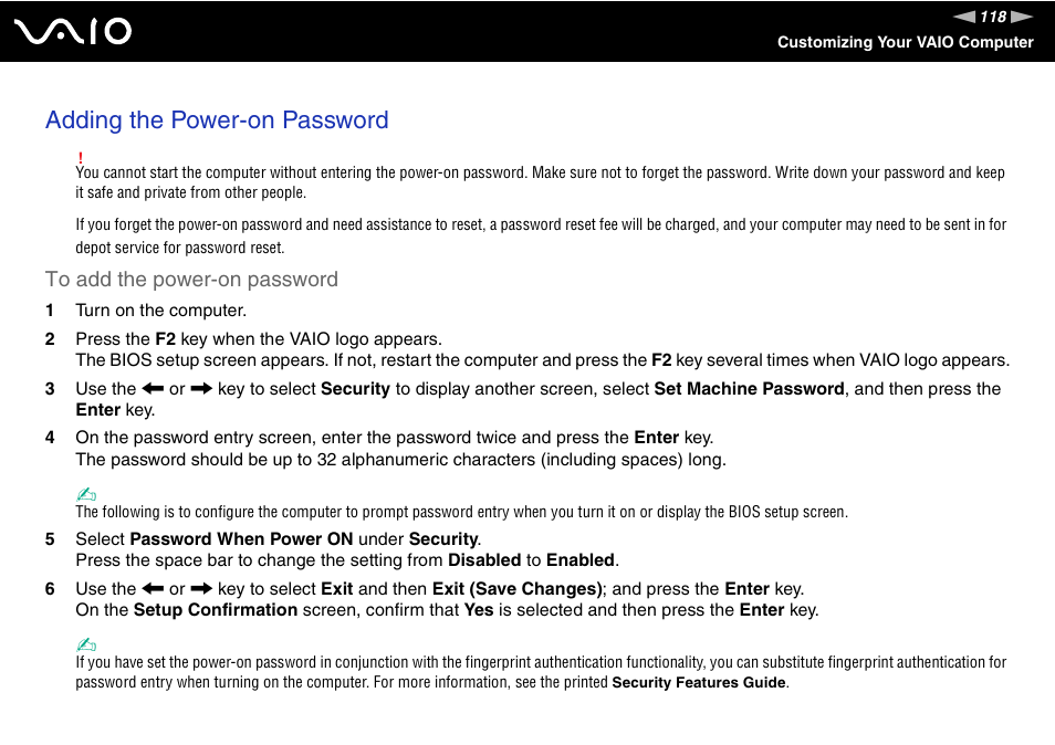 Adding the power-on password | Sony VGN-BX500 User Manual | Page 118 / 217