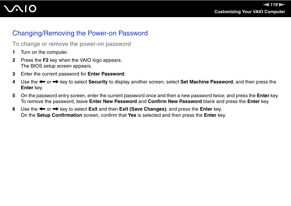 Changing/removing the power-on password | Sony VGN-BX500 User Manual | Page 119 / 217