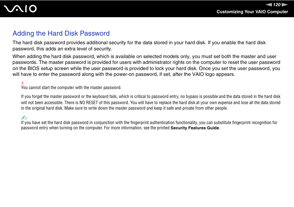 Adding the hard disk password | Sony VGN-BX500 User Manual | Page 120 / 217