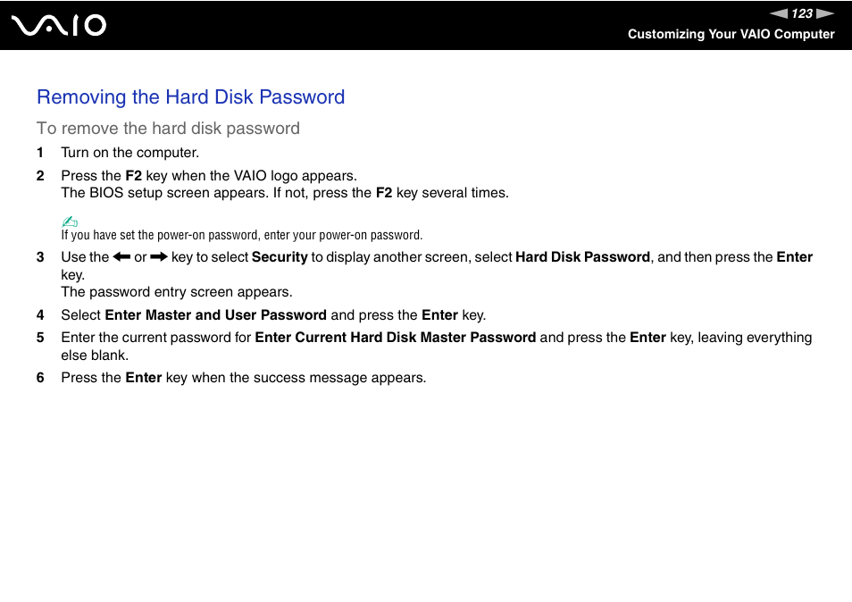 Removing the hard disk password | Sony VGN-BX500 User Manual | Page 123 / 217