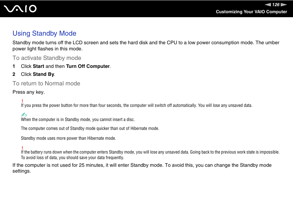Using standby mode | Sony VGN-BX500 User Manual | Page 126 / 217