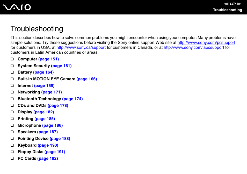 Troubleshooting | Sony VGN-BX500 User Manual | Page 149 / 217