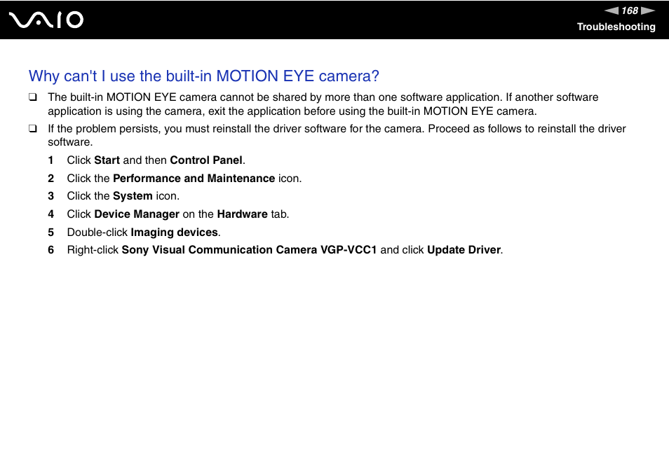 Why can't i use the built-in motion eye camera | Sony VGN-BX500 User Manual | Page 168 / 217