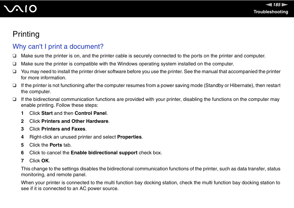 Printing, Inting, Why can't i print a document | Sony VGN-BX500 User Manual | Page 185 / 217