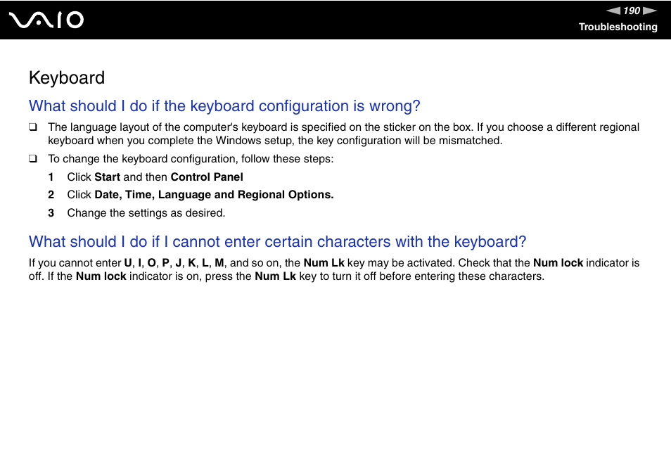 Keyboard | Sony VGN-BX500 User Manual | Page 190 / 217