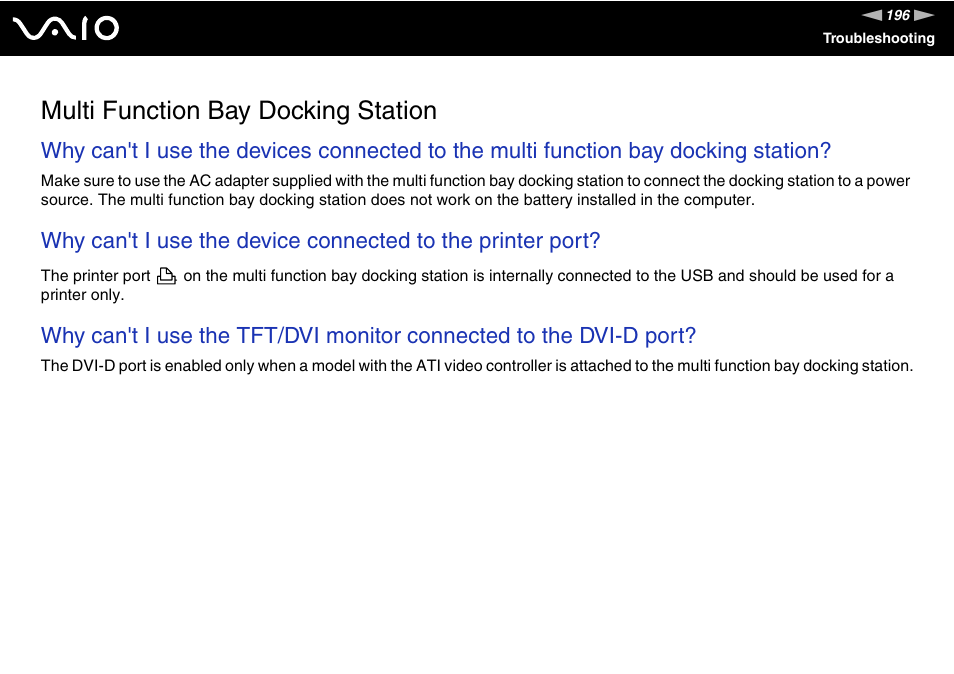 Multi function bay docking station | Sony VGN-BX500 User Manual | Page 196 / 217