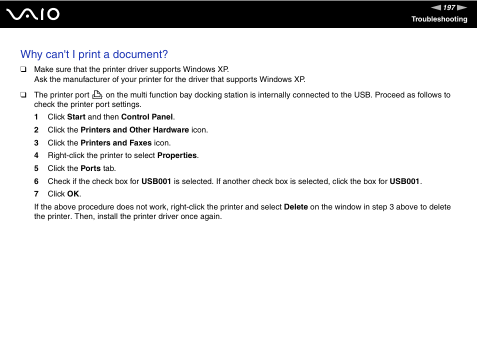 Why can't i print a document | Sony VGN-BX500 User Manual | Page 197 / 217