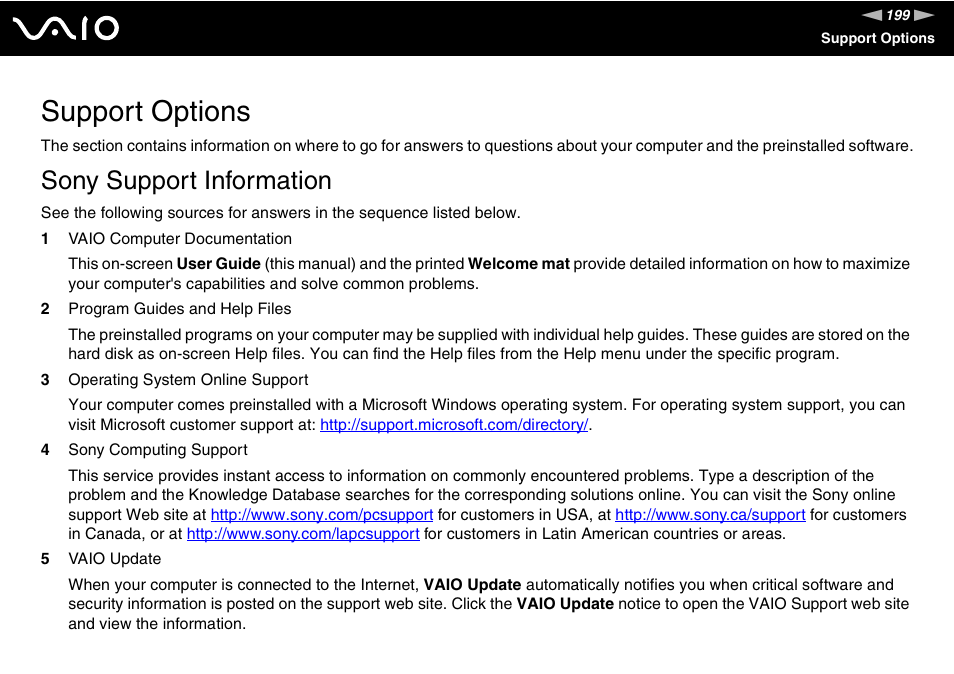 Support options, Sony support information | Sony VGN-BX500 User Manual | Page 199 / 217