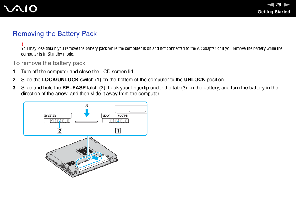 Removing the battery pack | Sony VGN-BX500 User Manual | Page 26 / 217