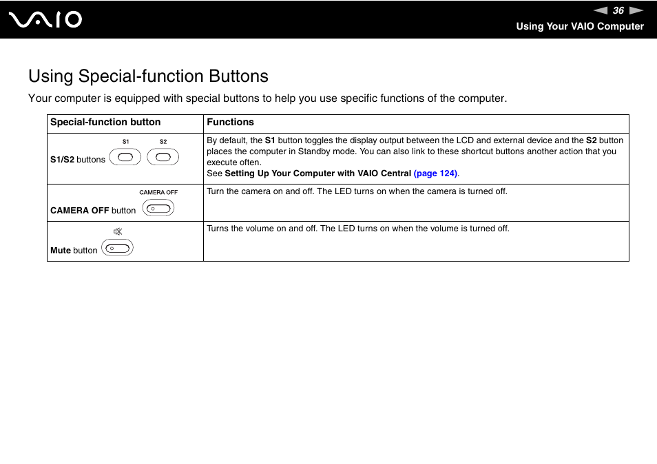 Using special-function buttons | Sony VGN-BX500 User Manual | Page 36 / 217