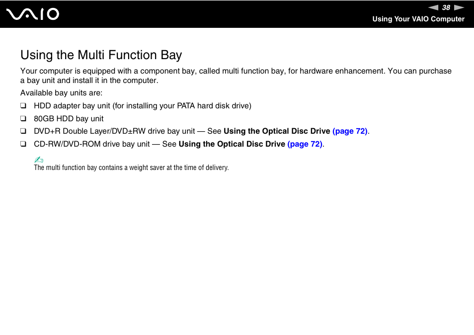 Using the multi function bay | Sony VGN-BX500 User Manual | Page 38 / 217
