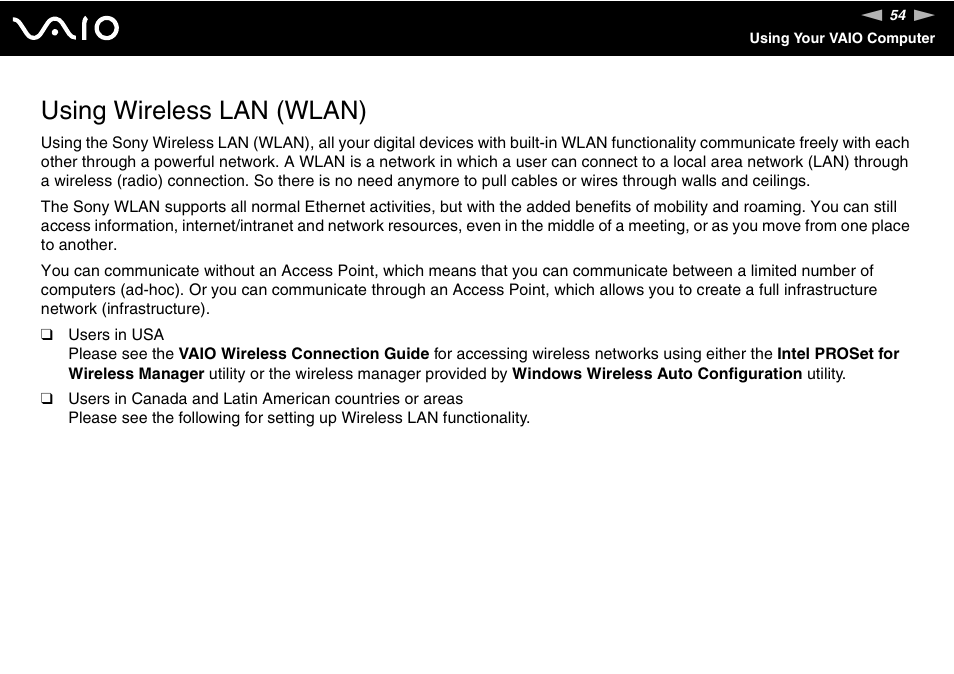 Using wireless lan (wlan) | Sony VGN-BX500 User Manual | Page 54 / 217