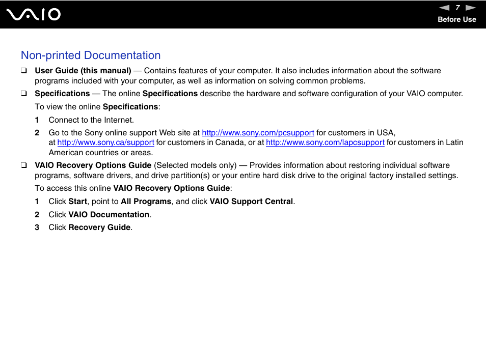 Non-printed documentation | Sony VGN-BX500 User Manual | Page 7 / 217