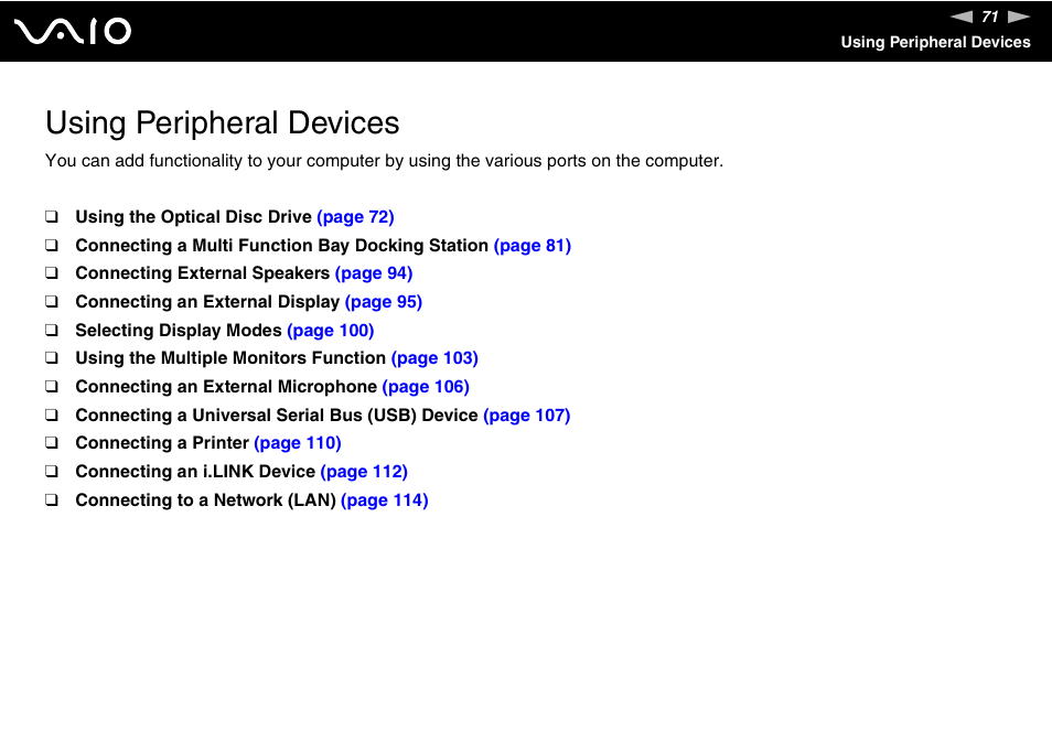 Using peripheral devices | Sony VGN-BX500 User Manual | Page 71 / 217