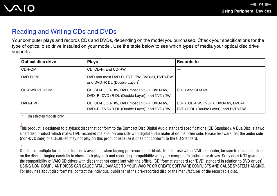 Reading and writing cds and dvds | Sony VGN-BX500 User Manual | Page 74 / 217