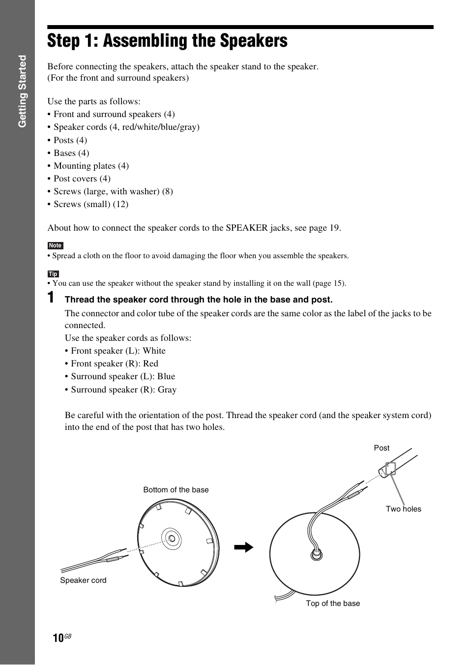 Step 1: assembling the speakers, Step 1: assembling, The speakers | Sony 3-285-995-11(1) User Manual | Page 10 / 116