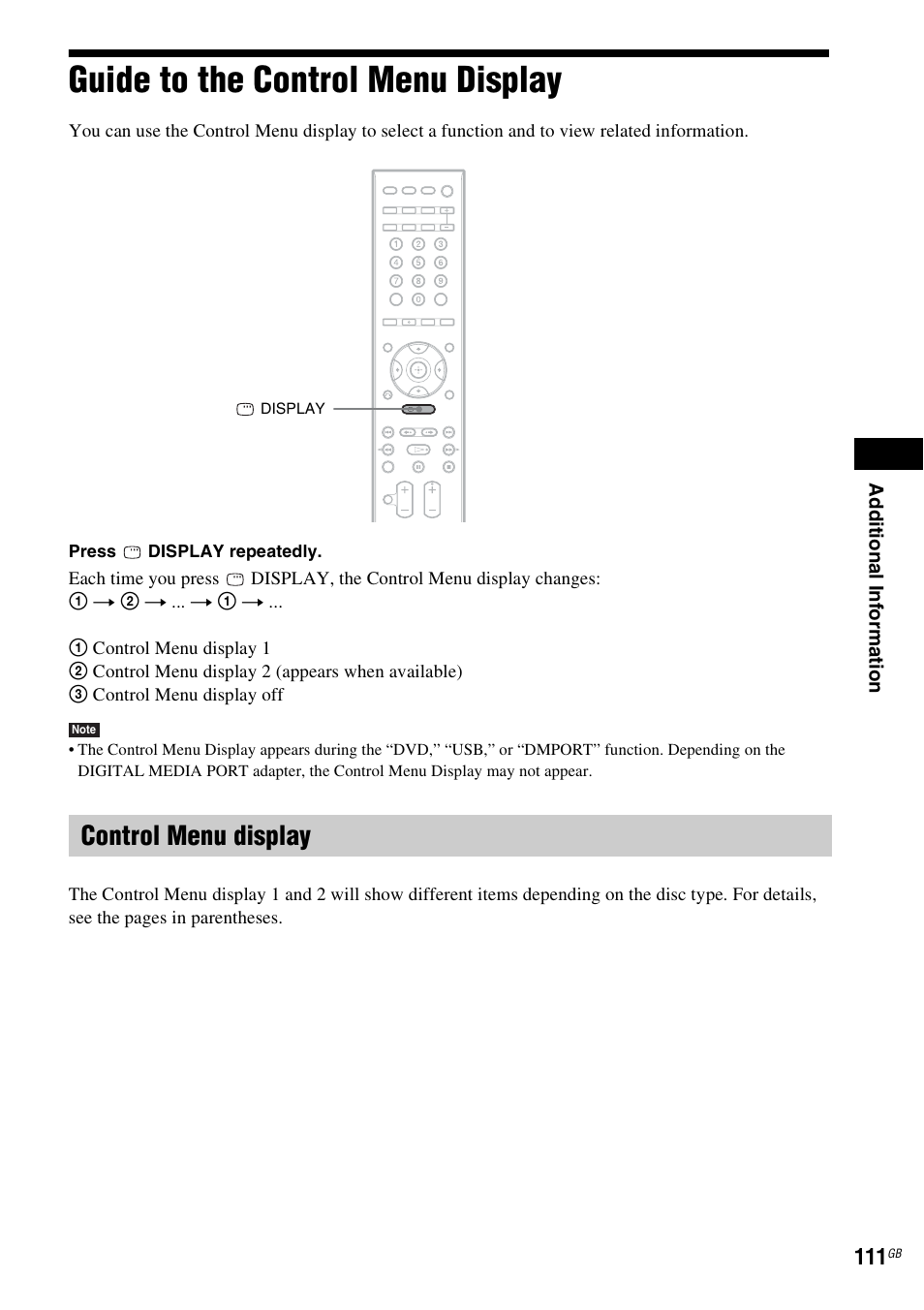 Guide to the control menu display, Control menu display | Sony 3-285-995-11(1) User Manual | Page 111 / 116