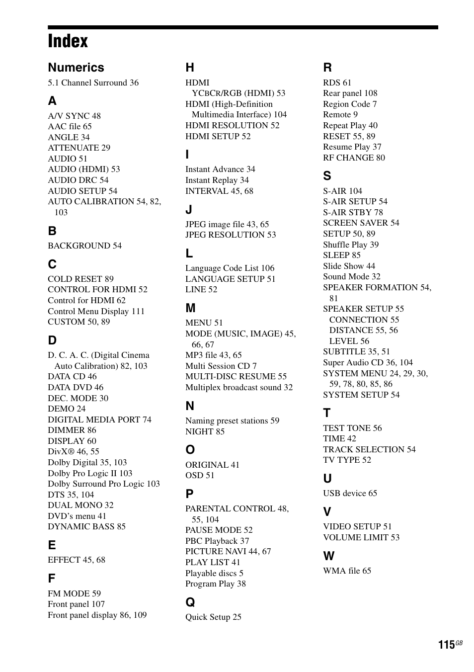 Index, Numerics | Sony 3-285-995-11(1) User Manual | Page 115 / 116