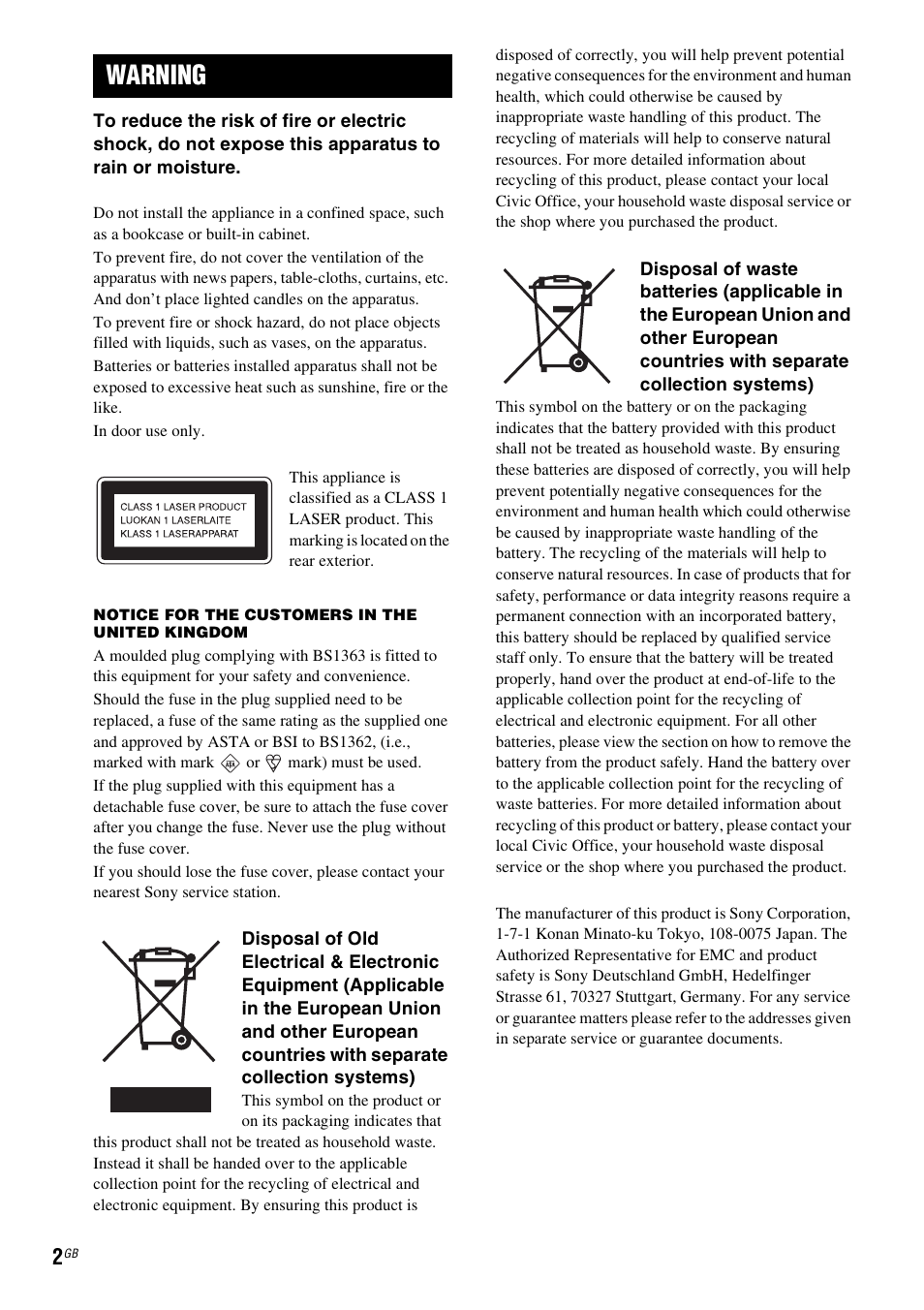 Warning | Sony 3-285-995-11(1) User Manual | Page 2 / 116