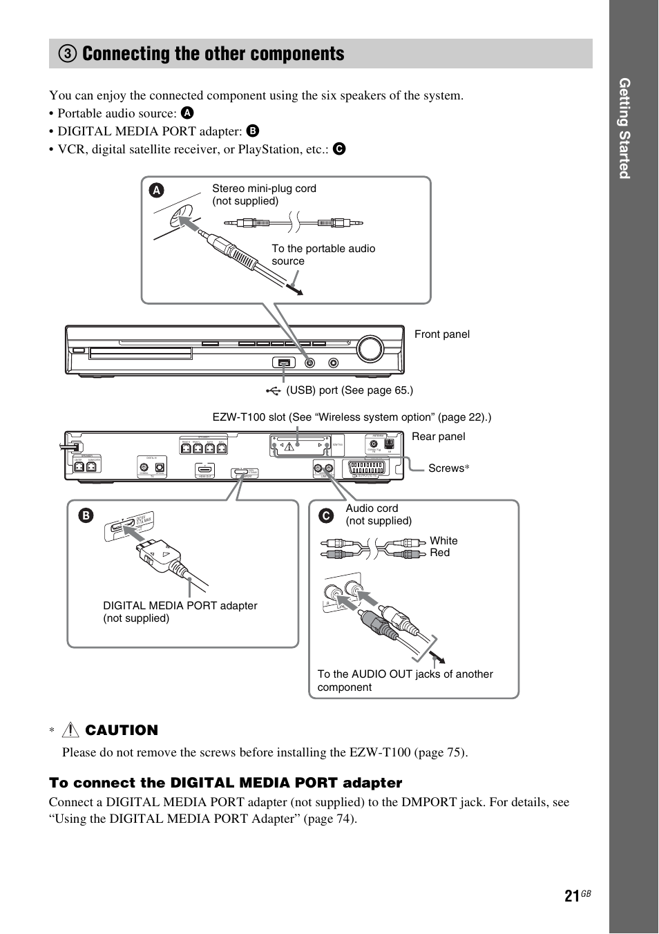 3 connecting the other components, 3connecting the other components, Ge tting star te d | Caution | Sony 3-285-995-11(1) User Manual | Page 21 / 116