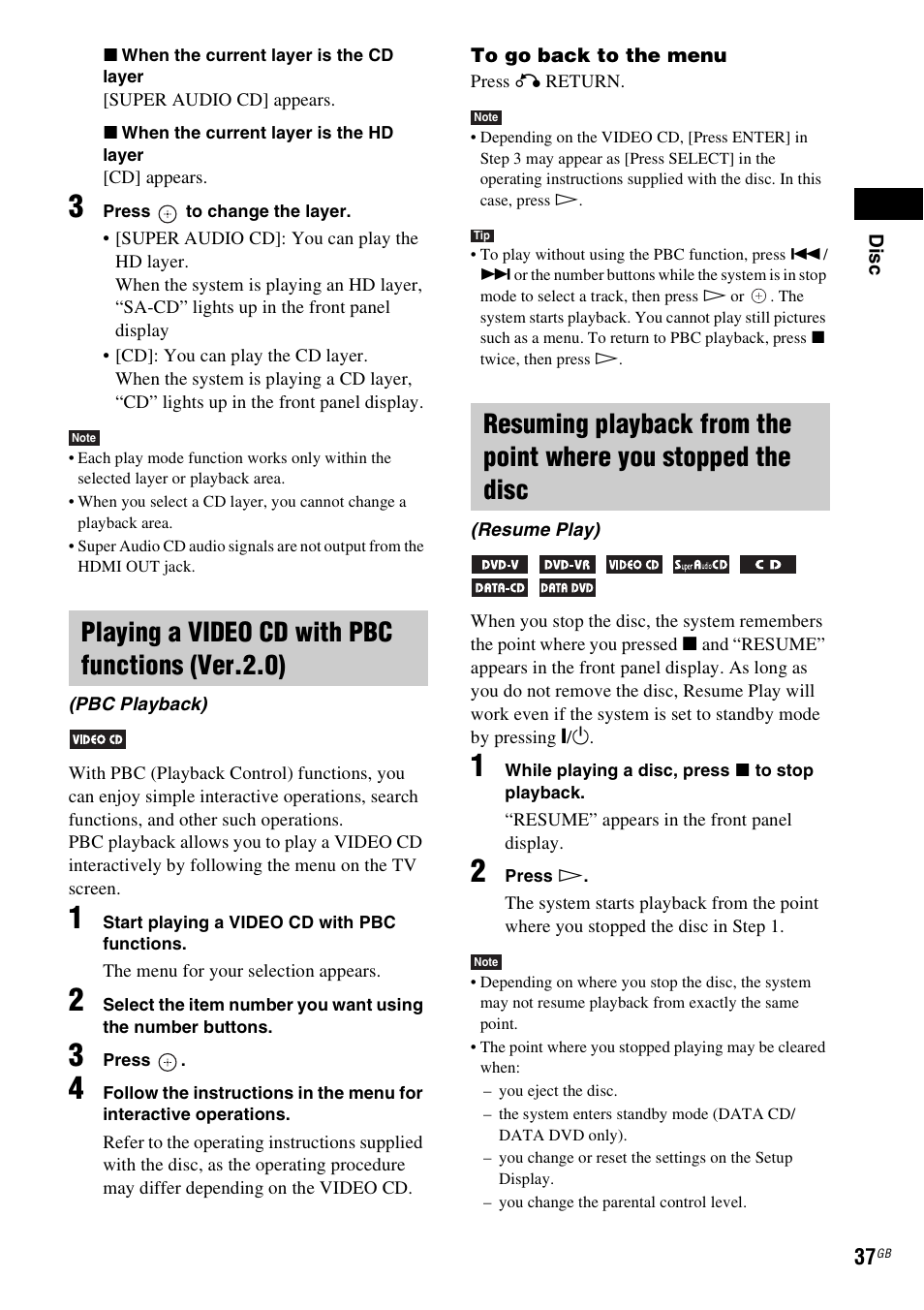 Playing a video cd with pbc functions (ver.2.0) | Sony 3-285-995-11(1) User Manual | Page 37 / 116