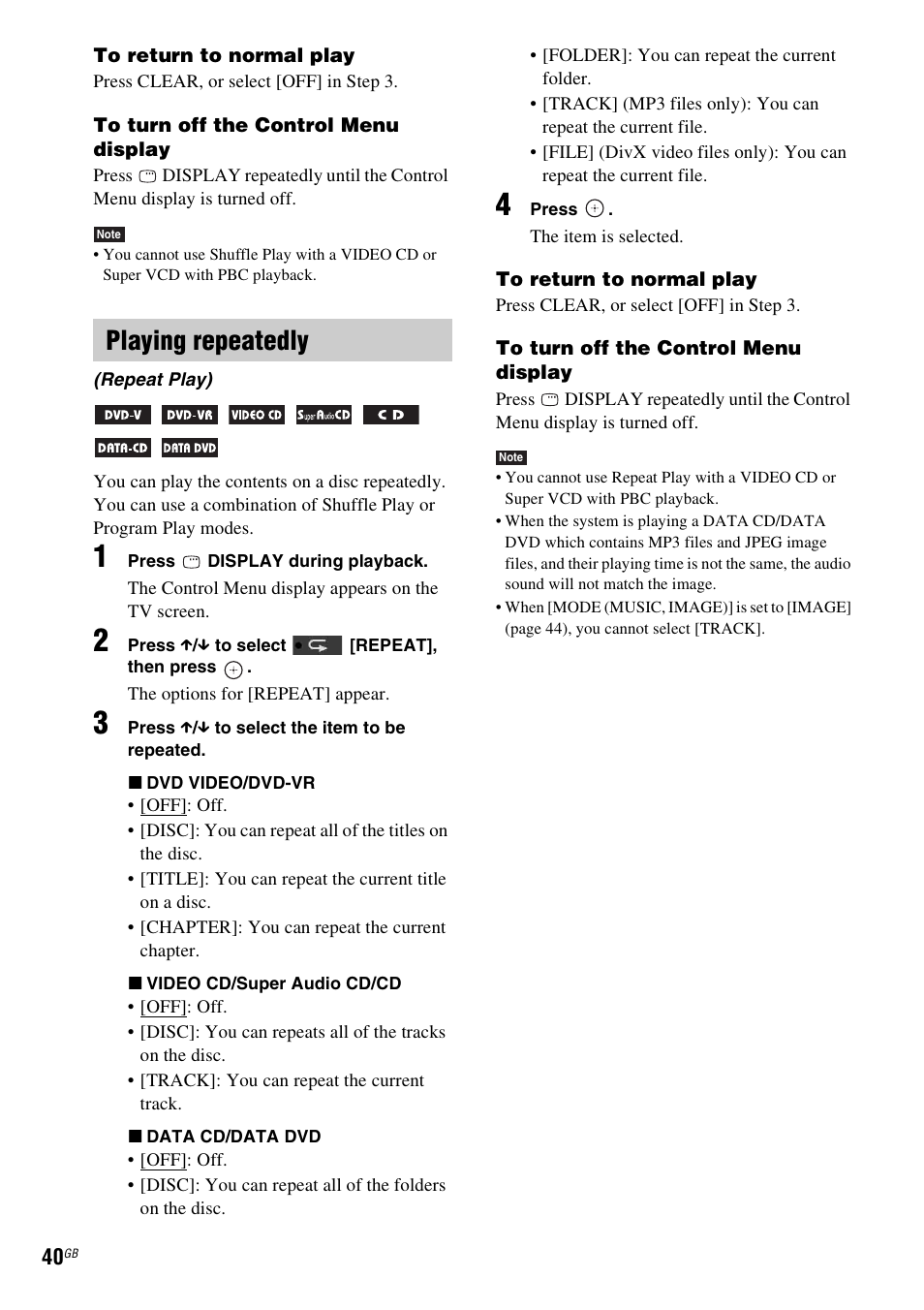 Playing repeatedly | Sony 3-285-995-11(1) User Manual | Page 40 / 116