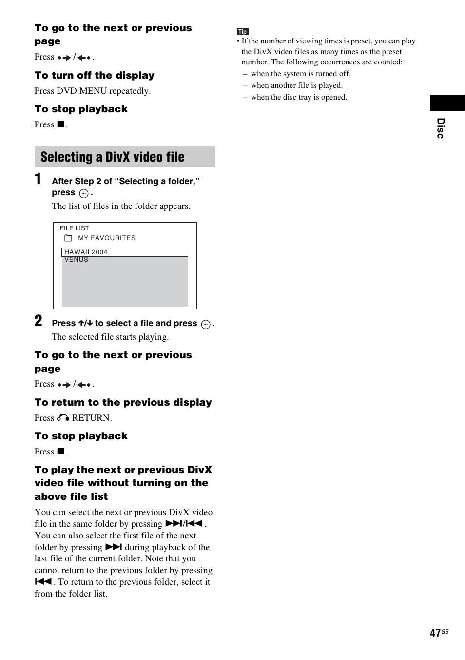 Selecting a divx video file | Sony 3-285-995-11(1) User Manual | Page 47 / 116