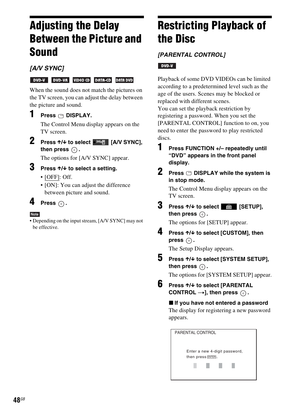 Adjusting the delay between the picture and sound, Restricting playback of the disc, Adjusting the delay between the picture | And sound | Sony 3-285-995-11(1) User Manual | Page 48 / 116