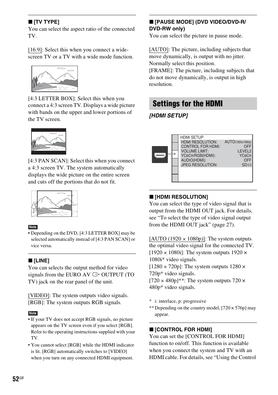 Settings for the hdmi | Sony 3-285-995-11(1) User Manual | Page 52 / 116