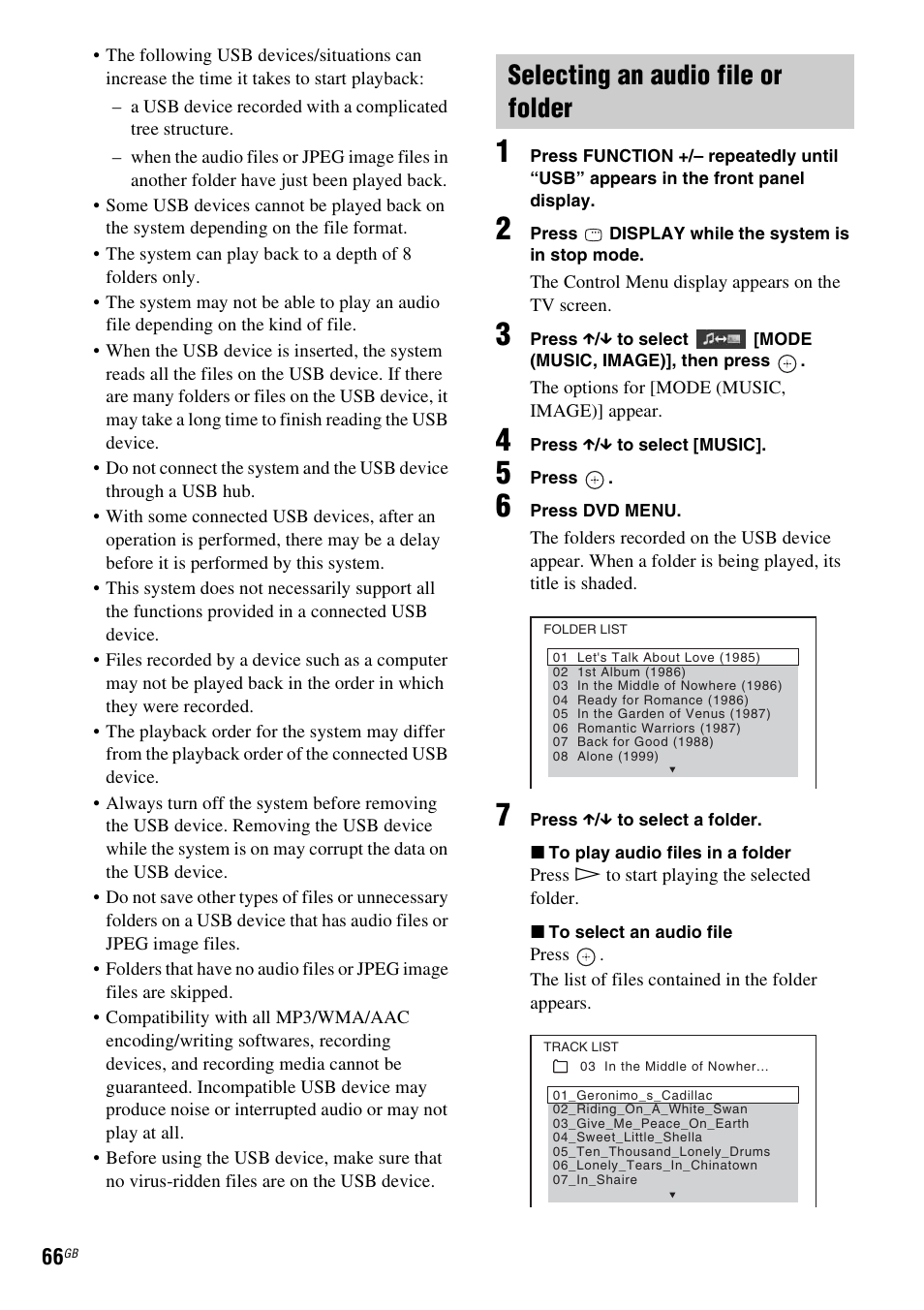 Selecting an audio file or folder | Sony 3-285-995-11(1) User Manual | Page 66 / 116