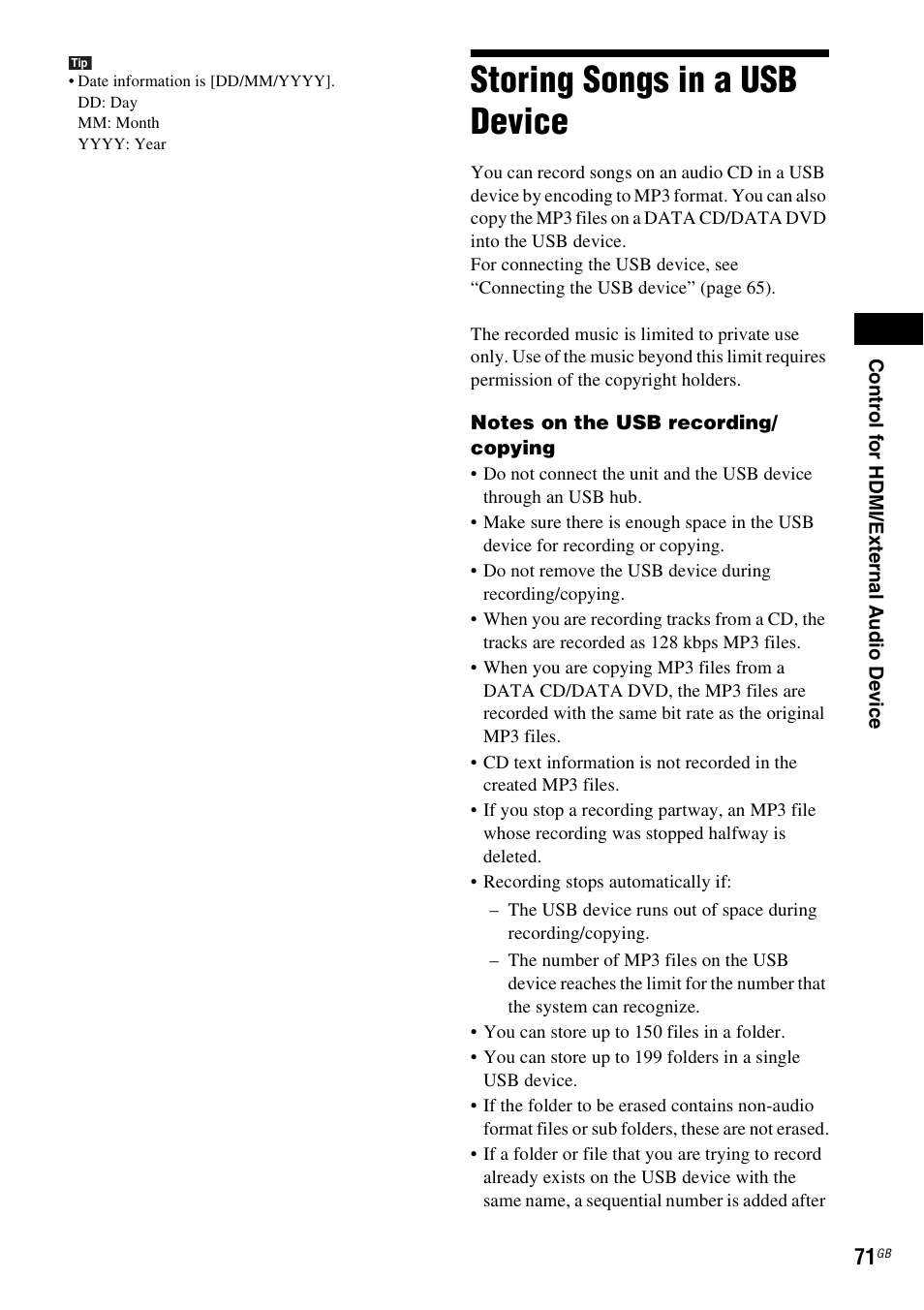 Storing songs in a usb device | Sony 3-285-995-11(1) User Manual | Page 71 / 116