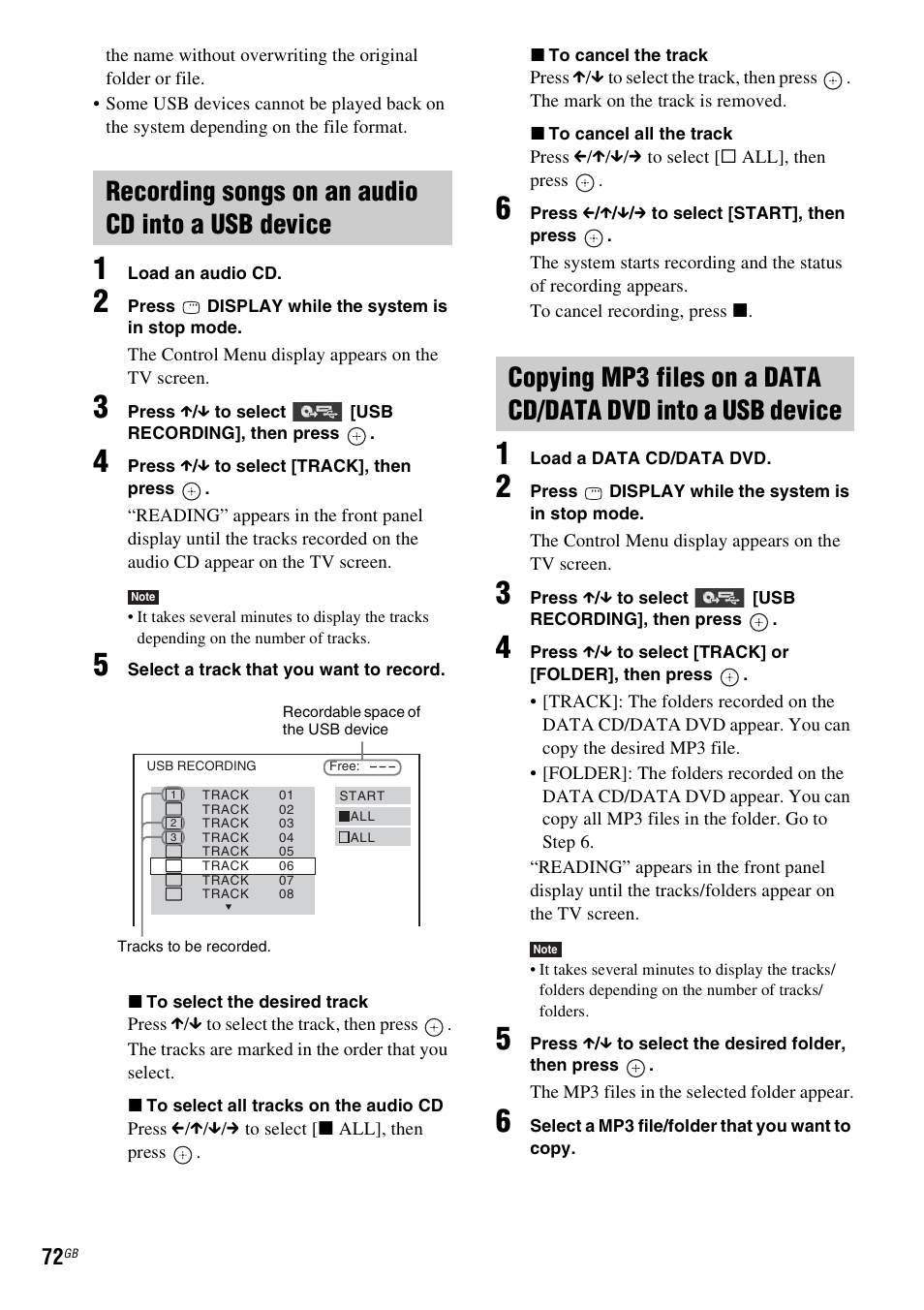 Recording songs on an audio cd into a usb device | Sony 3-285-995-11(1) User Manual | Page 72 / 116