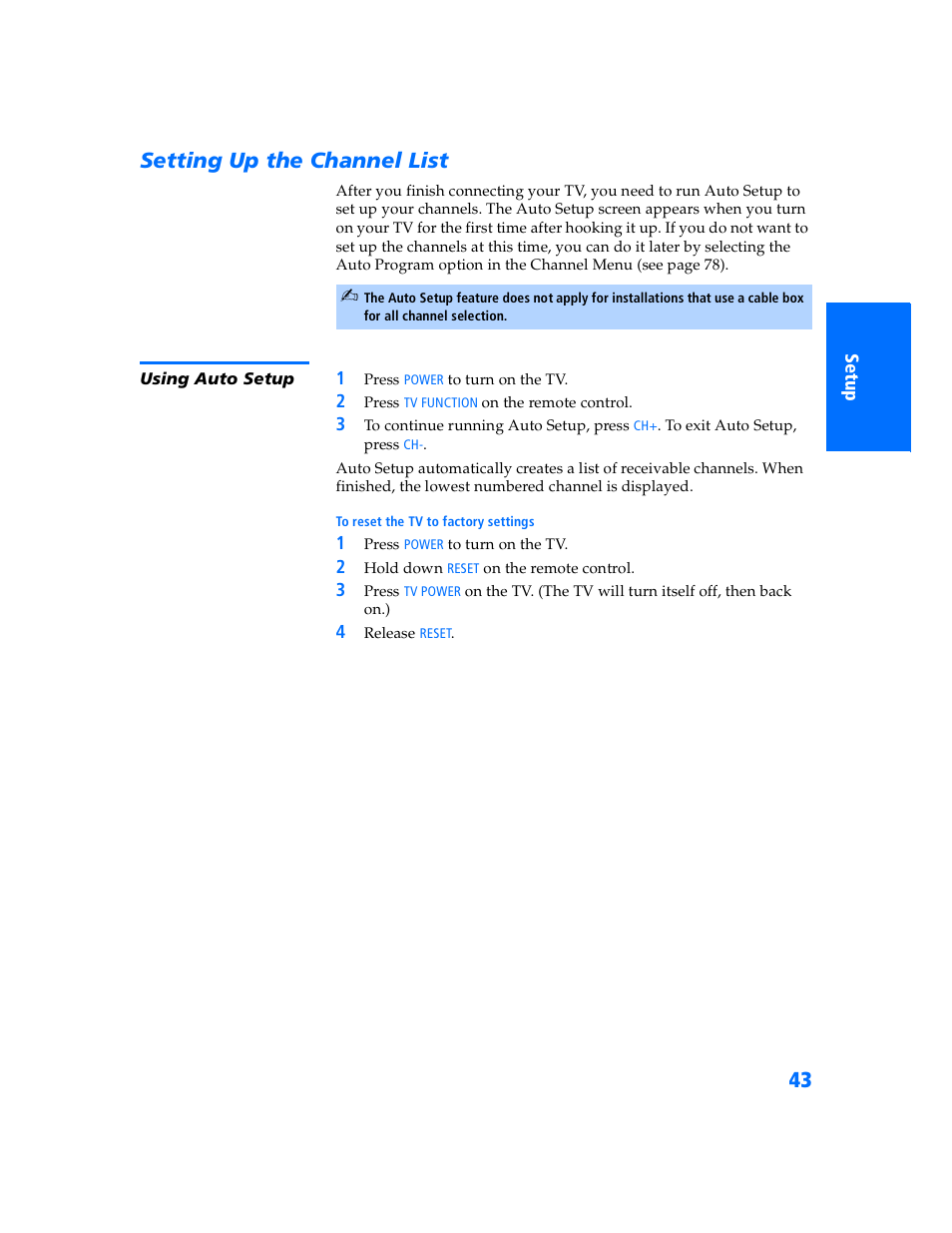 Setting up the channel list, Using auto setup | Sony KP 57WV700  EN User Manual | Page 44 / 101