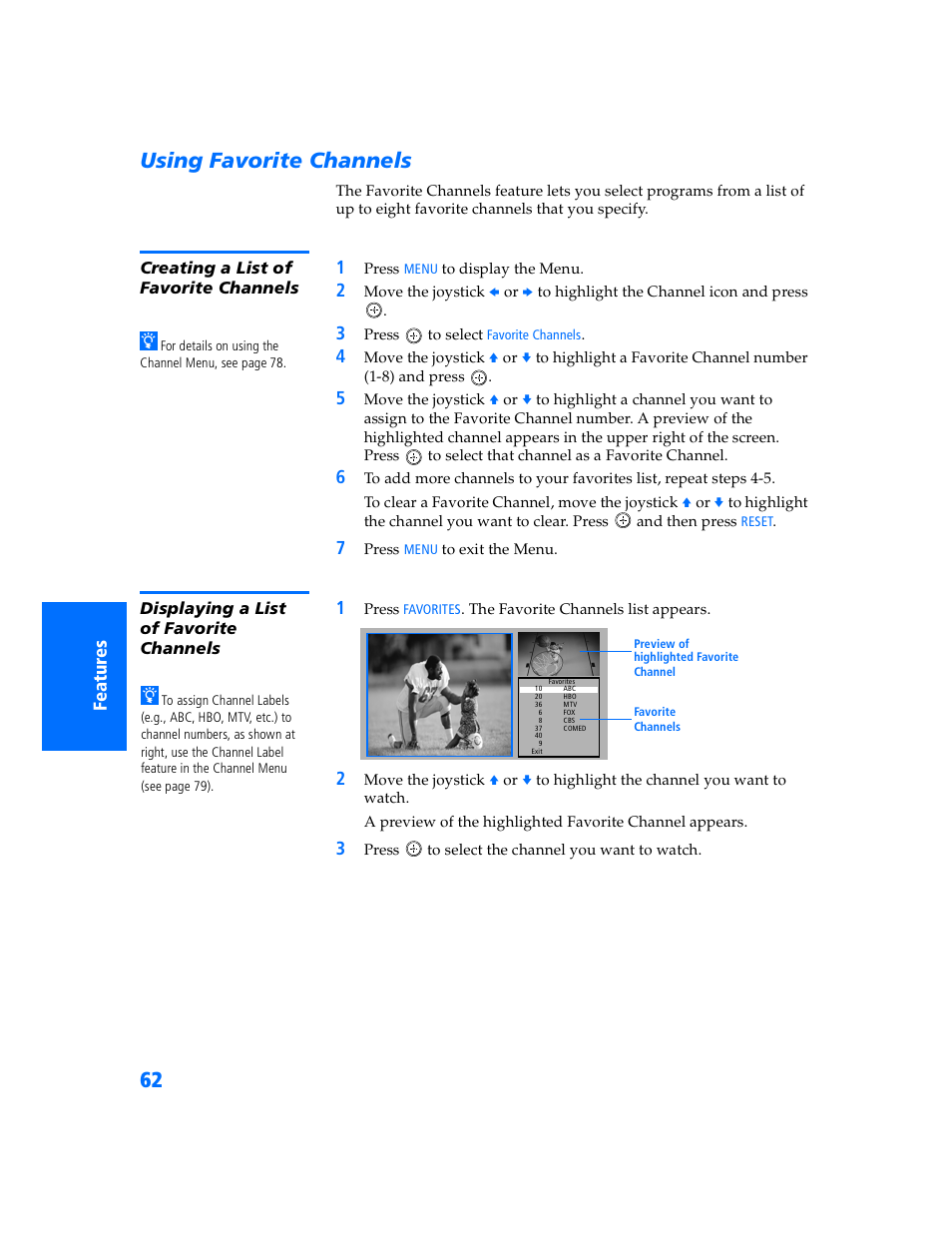 Using favorite channels, Creating a list of favorite channels, Displaying a list of favorite channels | Sony KP 57WV700  EN User Manual | Page 63 / 101