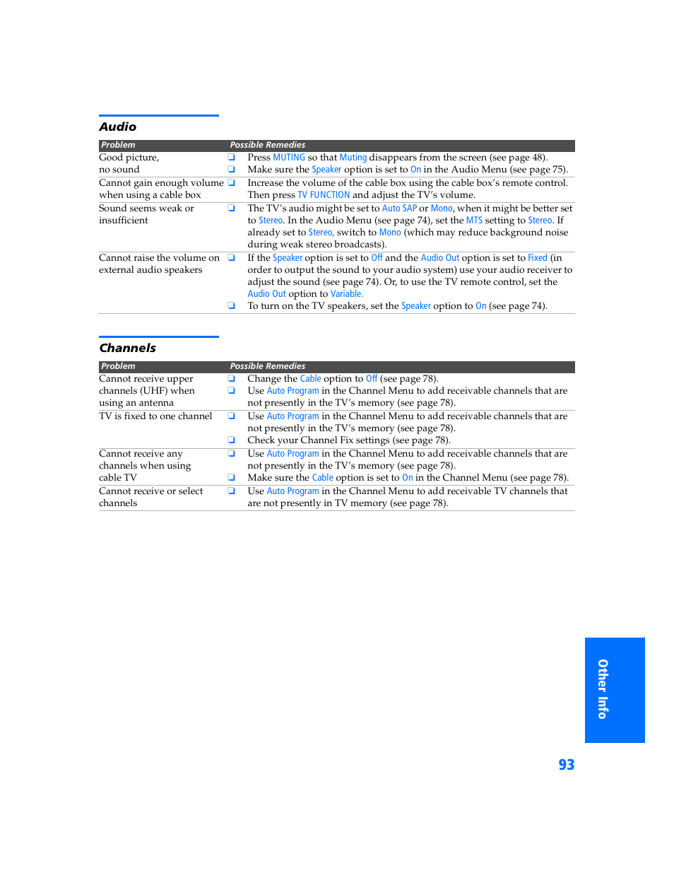 Audio, Channels | Sony KP 57WV700  EN User Manual | Page 94 / 101