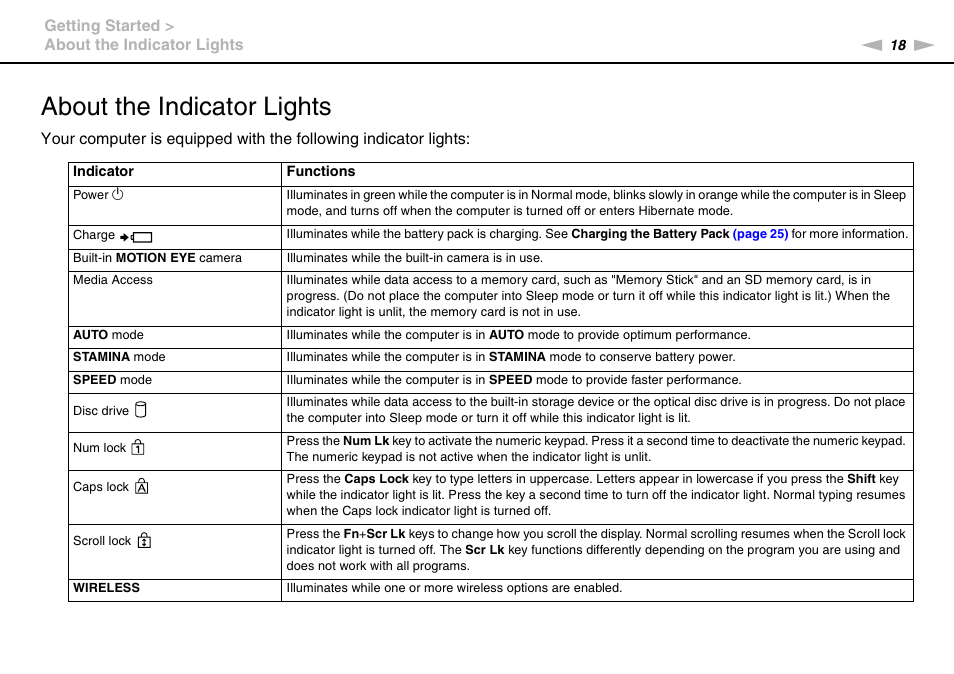 About the indicator lights | Sony VAIO VPCZ12 SERIES User Manual | Page 18 / 209