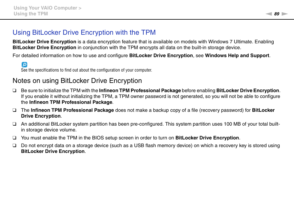 Using bitlocker drive encryption with the tpm | Sony VAIO VPCZ12 SERIES User Manual | Page 89 / 209