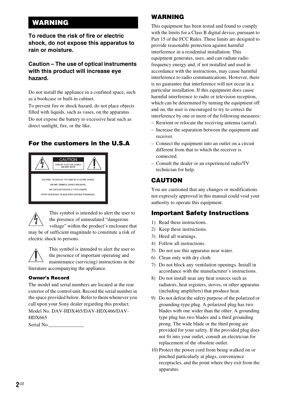 Warning | Sony DAV-HDX465 User Manual | Page 2 / 108