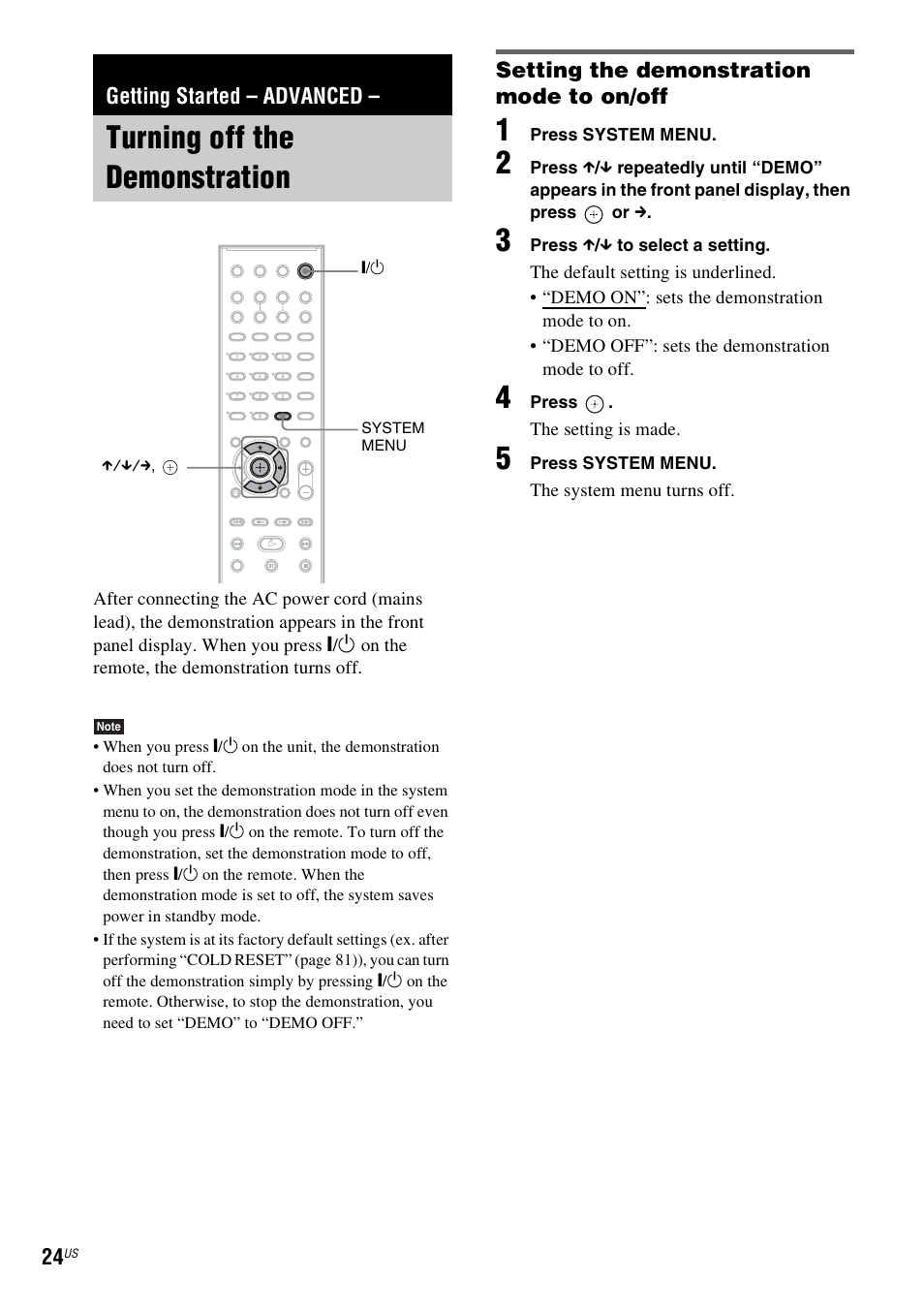 Getting started - advanced, Turning off the demonstration, Setting the demonstration mode to on/off | Getting started – advanced | Sony DAV-HDX465 User Manual | Page 24 / 108