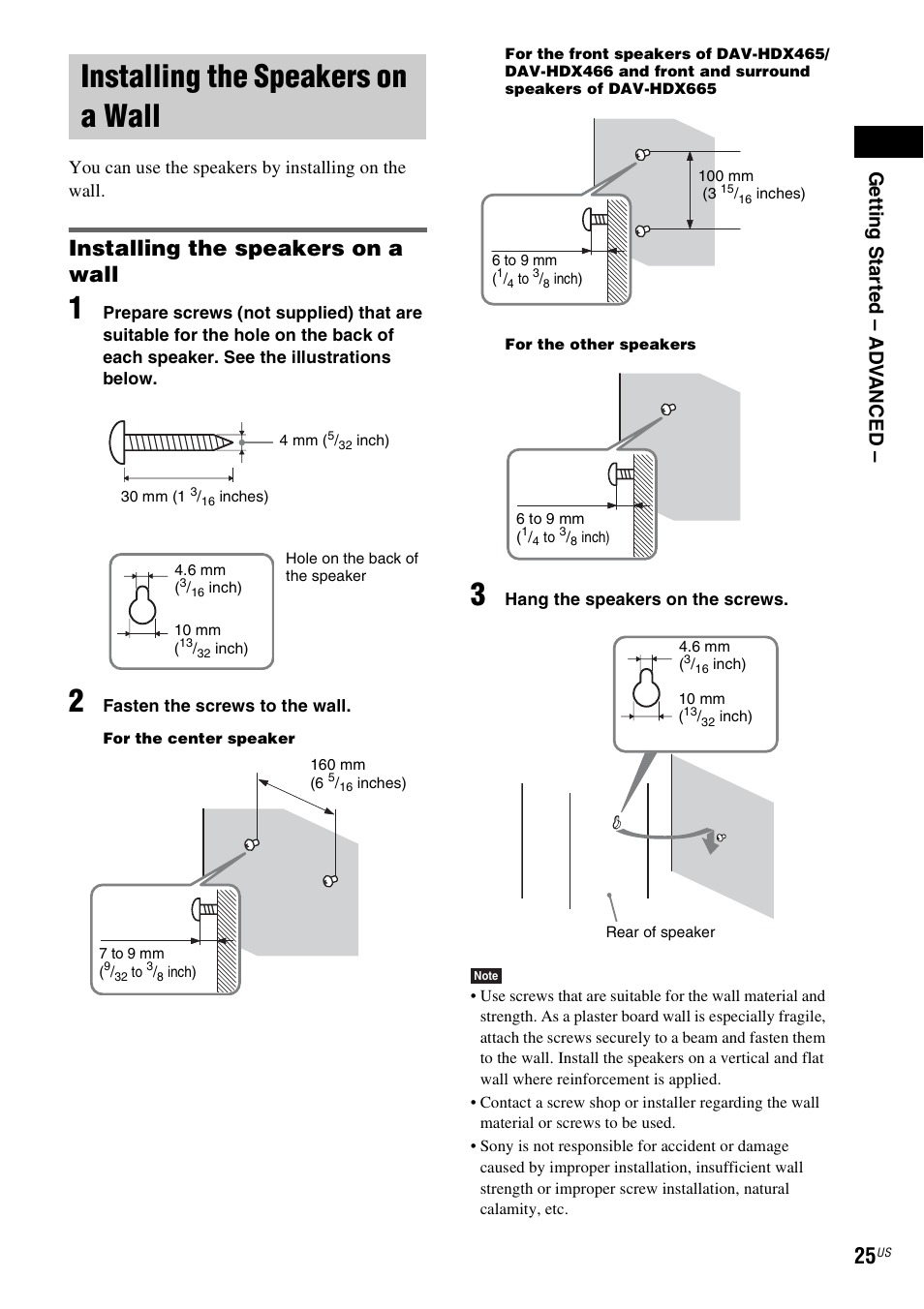 Installing the speakers on a wall, Ge tti ng sta rte d – ad v anced, You can use the speakers by installing on the wall | Sony DAV-HDX465 User Manual | Page 25 / 108