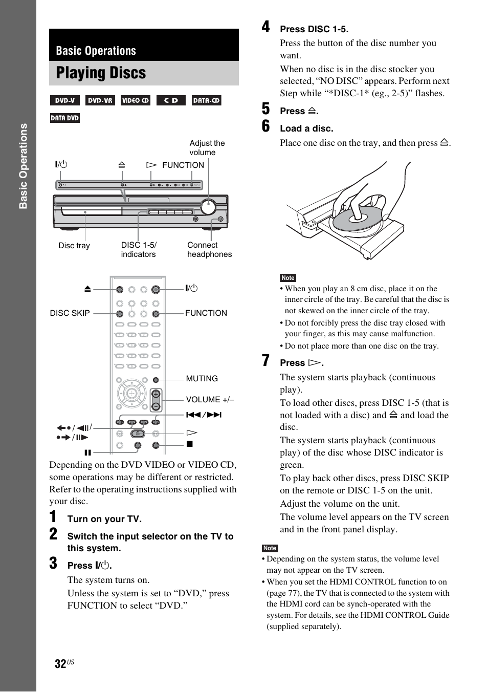 Basic operations, Playing discs | Sony DAV-HDX465 User Manual | Page 32 / 108