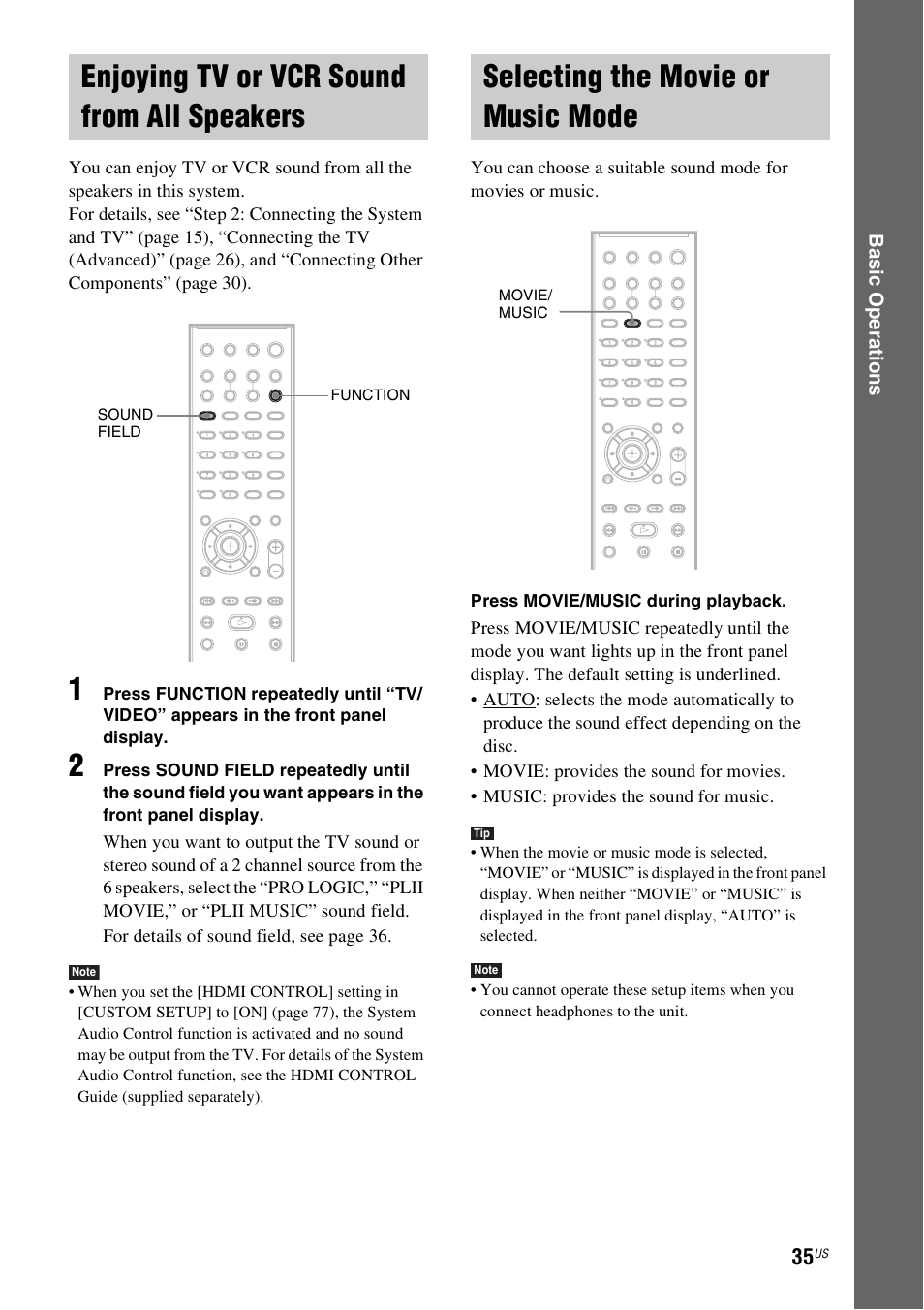 Enjoying tv or vcr sound from all speakers, Selecting the movie or music mode, Enjoying tv or vcr sound from all | Speakers, Selecting the movie or music, Mode | Sony DAV-HDX465 User Manual | Page 35 / 108