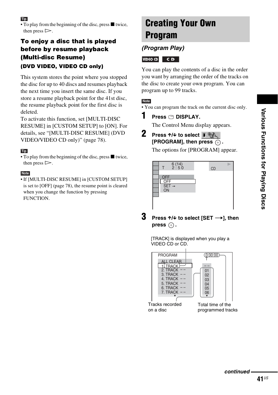 Creating your own program, Program play) | Sony DAV-HDX465 User Manual | Page 41 / 108