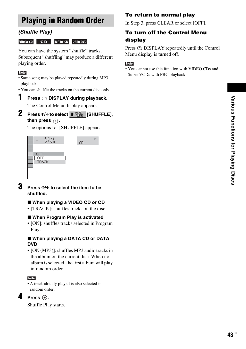 Playing in random order, Shuffle play) | Sony DAV-HDX465 User Manual | Page 43 / 108