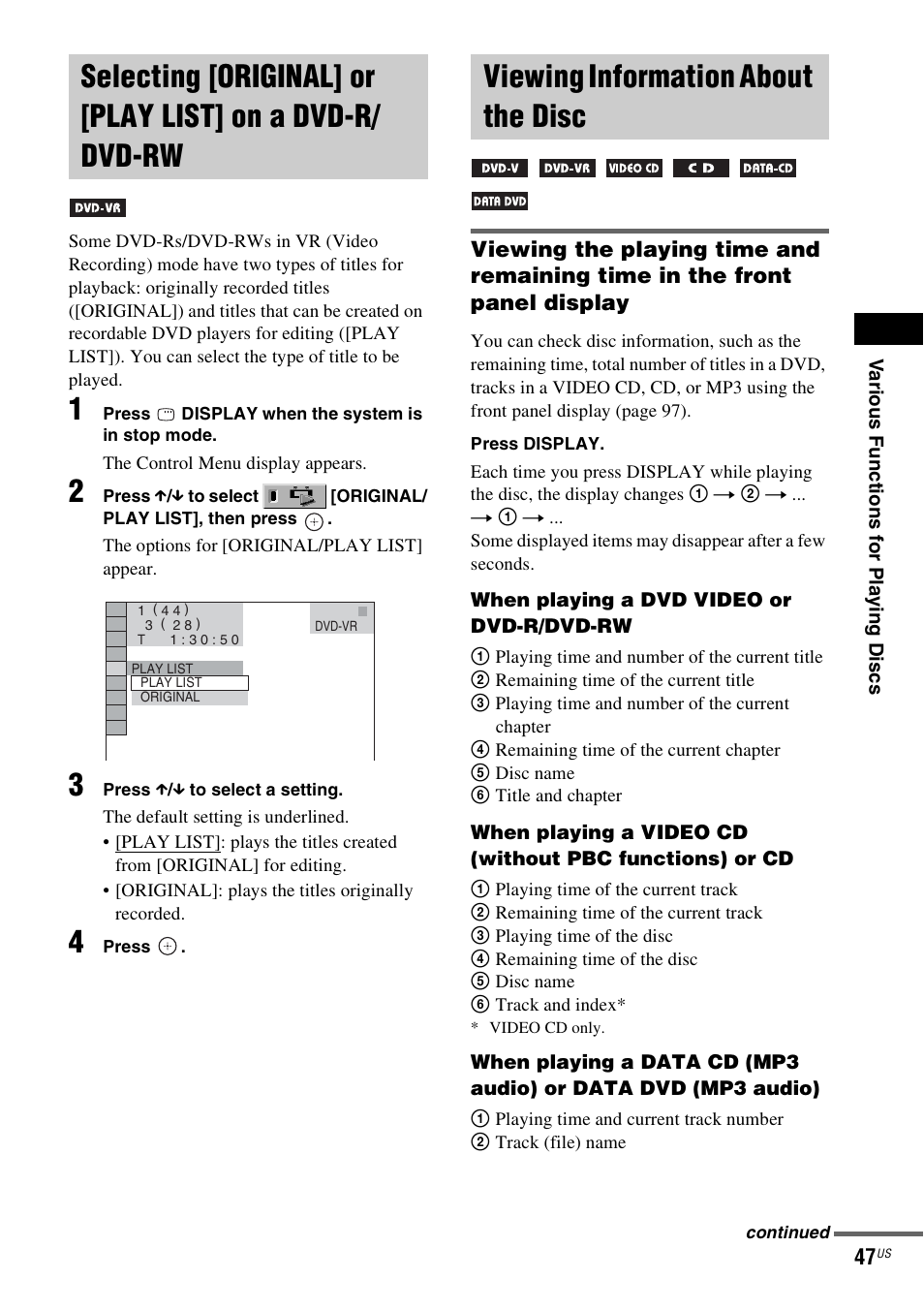 Viewing information about the disc, Selecting [original] or [play list, On a dvd-r/dvd-rw | Sony DAV-HDX465 User Manual | Page 47 / 108